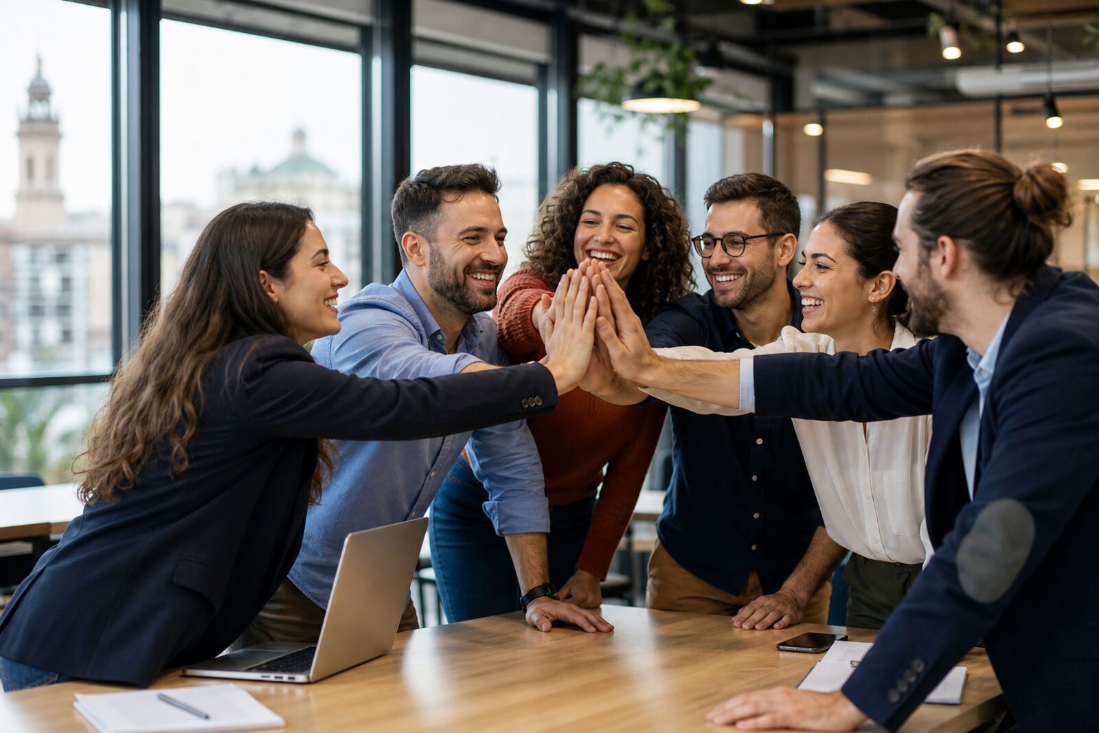 Profesionales uniendo sus manos en un espacio de trabajo